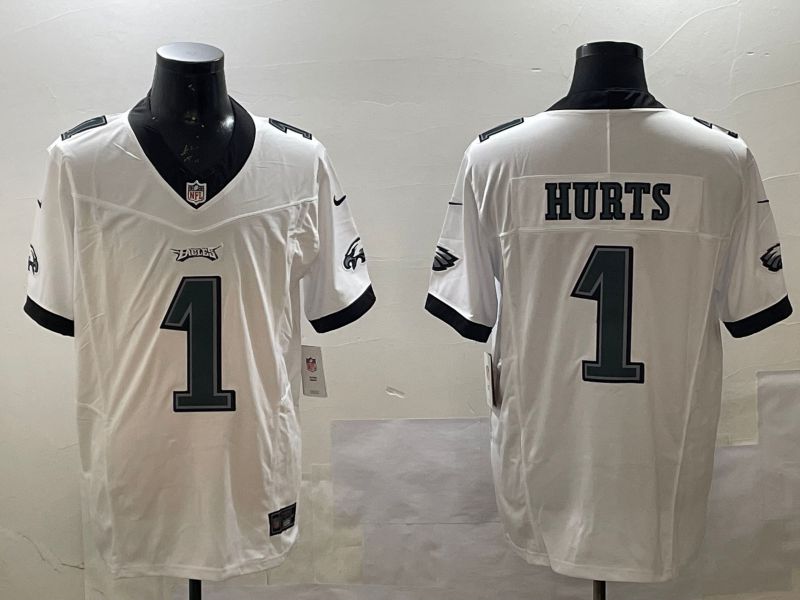 Men Philadelphia Eagles #1 Hurts White three generations 2025 Nike Vapor Limited NFL Jersey style 1